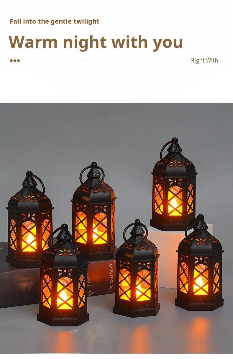 European Ramadan Lamp Mini Plastic Hexagonal Wind Lamp Led Electronic Candlelight Holiday Decoration Christmas Halloween Retro