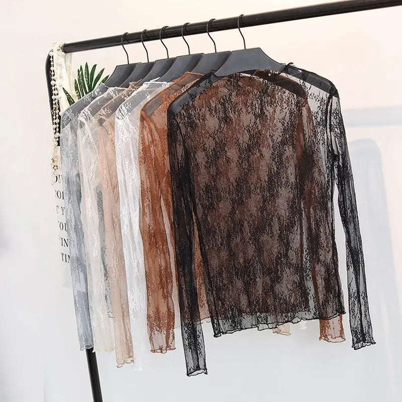 Summer Women Lace Floral Embroidery Blouses  Ladies Tops Sexy Mesh Blouses Transparent Elegant Long Sleeves See-through Shirt