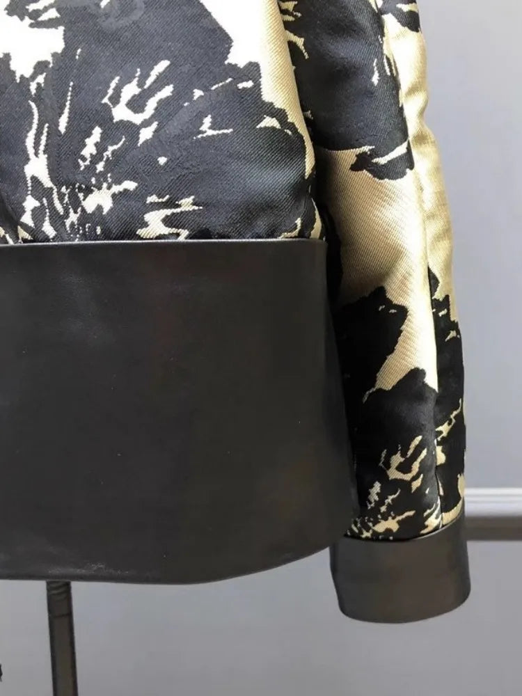 New Chinese Style Printed Patchwork Elegant Women Sheepskin Genuine Leather Jacket V-Neck Spring Autumn Office Ladies Short Coat