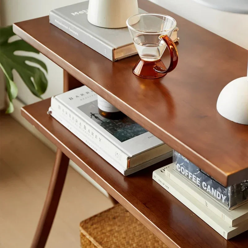 Walnut Solid Wood Middle Ancient Style Sofa Corner Shelf Narrow Cabinet Floor Bookshelf for Small Living Room Storage