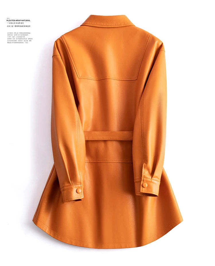 Women's Sheepskin Coat 2024 Autumn New Real Split Sheep Leather Ladies Mid-length Single-Breasted Belt Casual Jacket Outwear