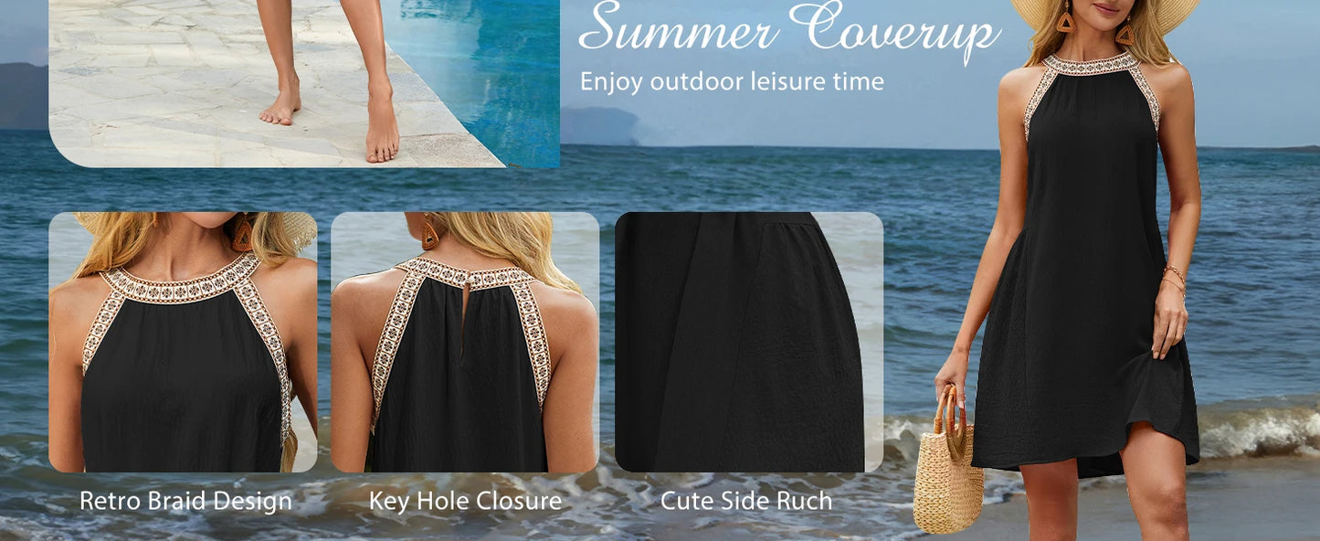 Casual Beachside Bathing Suit Cover Up Dress for Women’s Colour Block Halter Neck Sleeveless Flowy Slimming Swim Beach Sundress