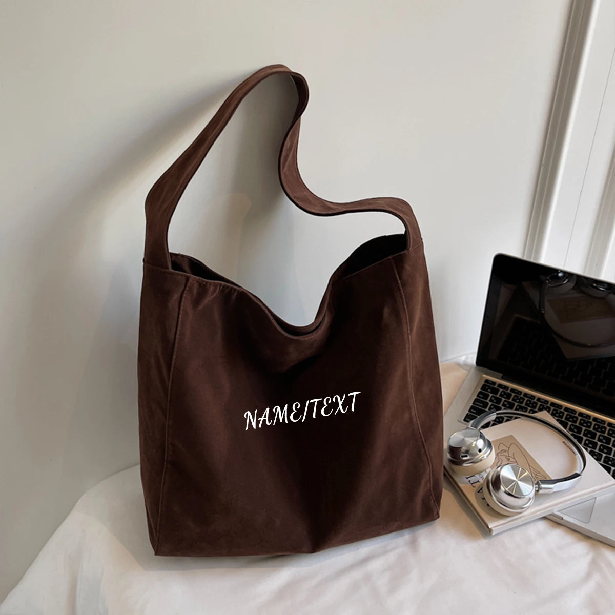 Custom Logo Tote Bag for Women, Large Capacity, Vintage Commuter Vacation Travel Bag, Single Shoulder Handbag, Suede DIY