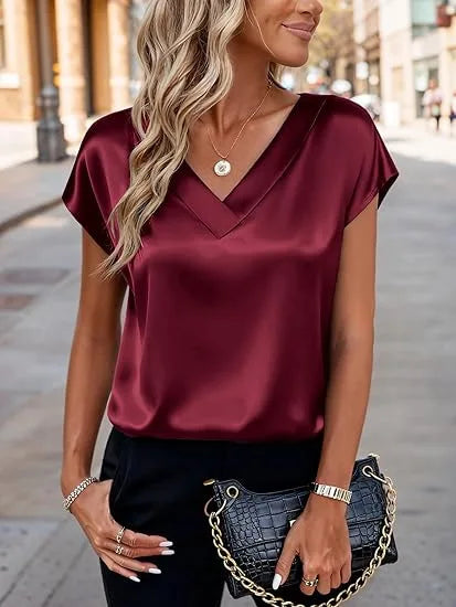 Women's Summer New T-shirt Casual V-Neck Short Sleeve Blouse Business Casual Tops Satins Silk Summer Shirt Work Solid Color Tops