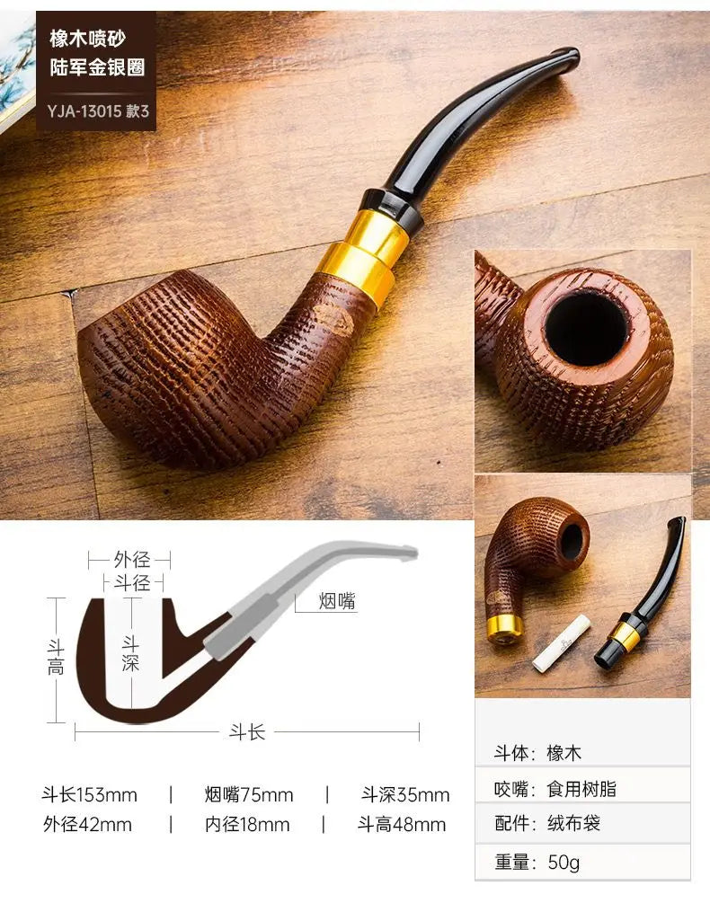Oak Wood Sandblasted Tobacco Pipe with Gold Silver Band 9mm Filter Straight Bent Smoking Pipe for Men Gift Accessories