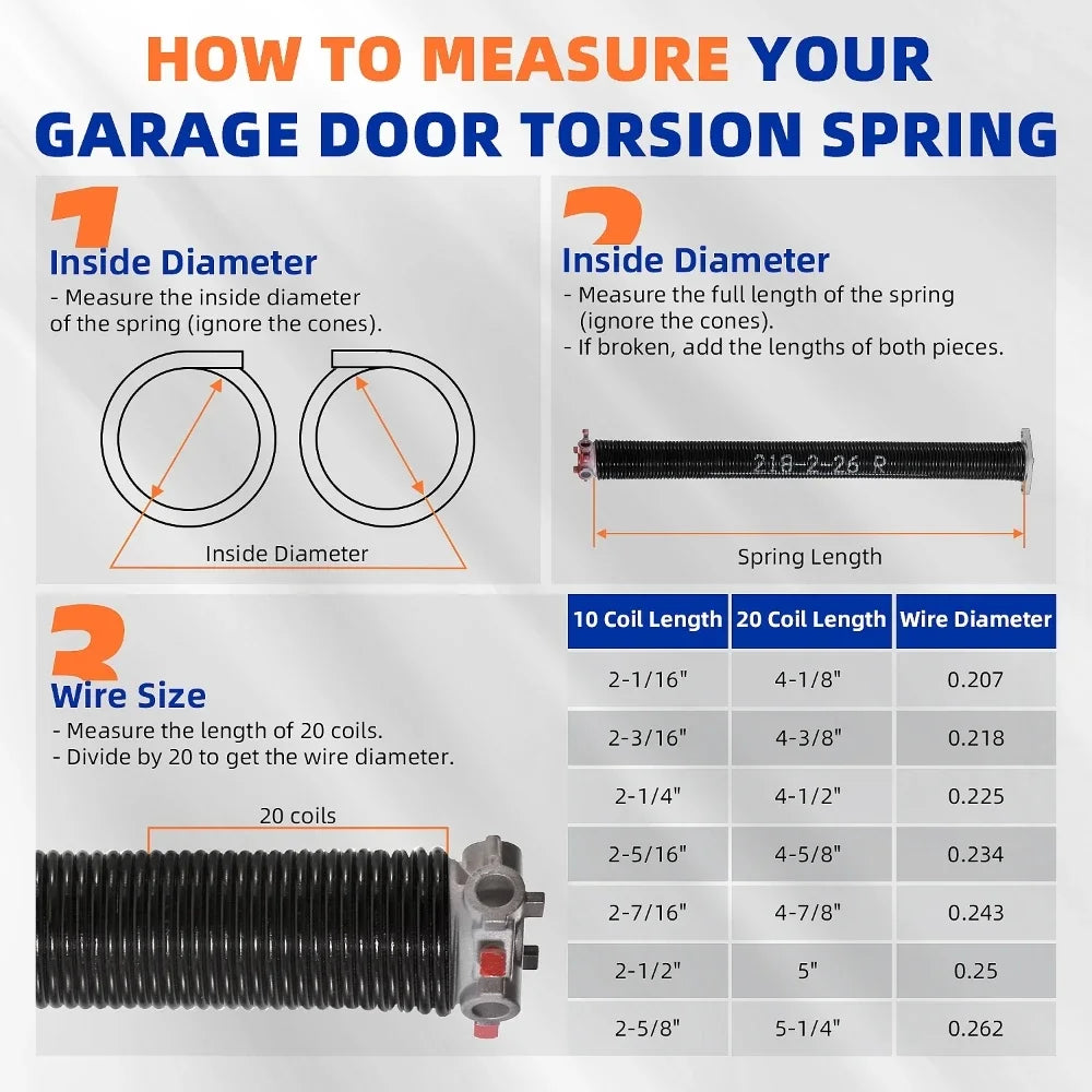 2Pcs Heavy Duty Garage Door Steel Spring Rolling Garage Gate Door Accessories Torsion Spring with Non-Slip Winding Bar