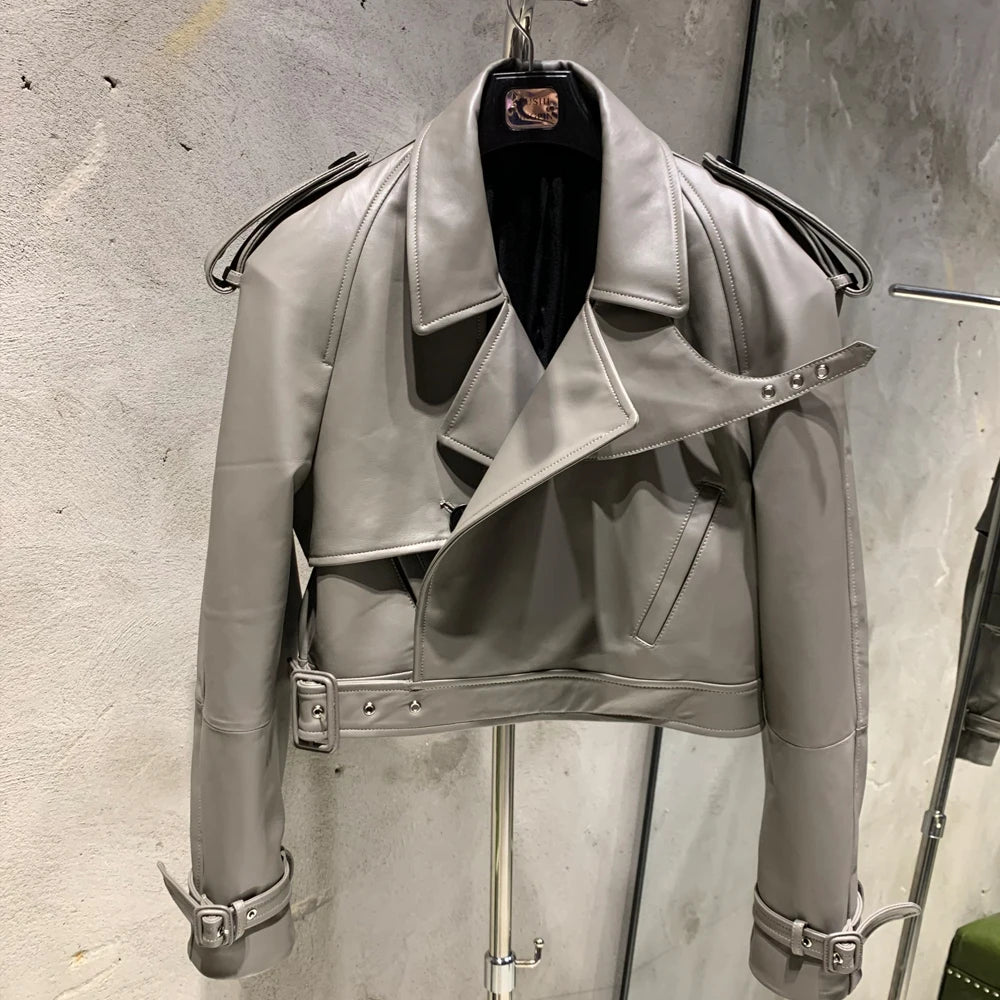 Embossed Leather Jacket Women Winter Genuine Sheep Leather Coat Wide Shoulder and Paddad 23012