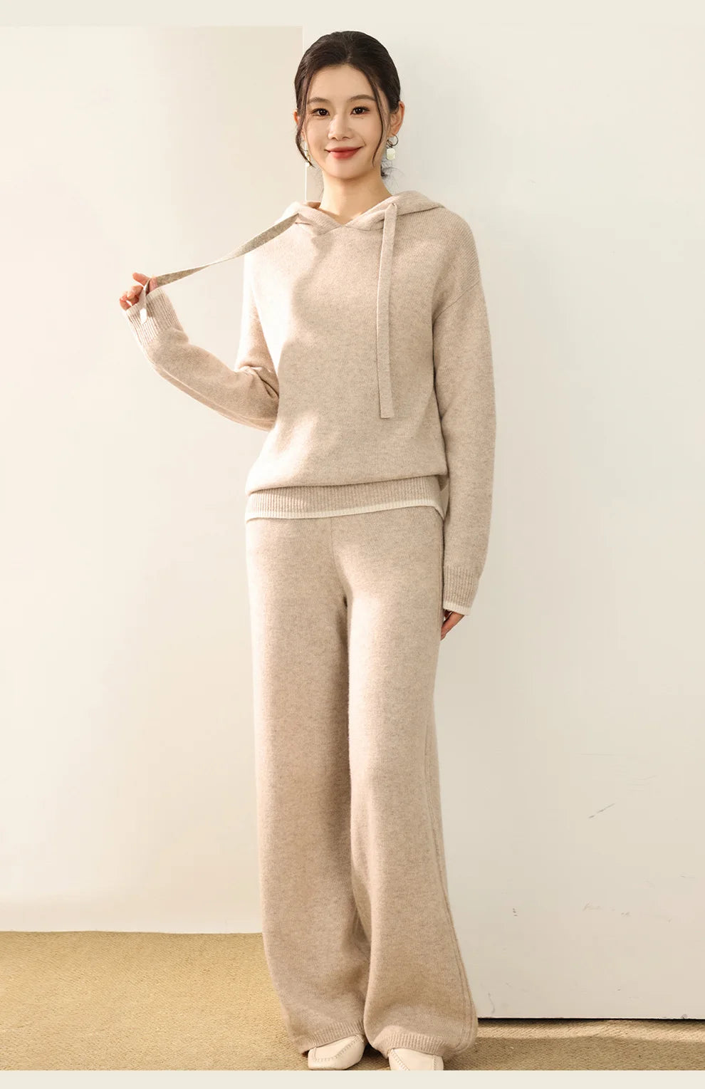 Autumn And Winter New 100 Pure Wool Suit Women Hooded Sweater Wide-Leg Pants Casual Knitting Two-Piece Suit