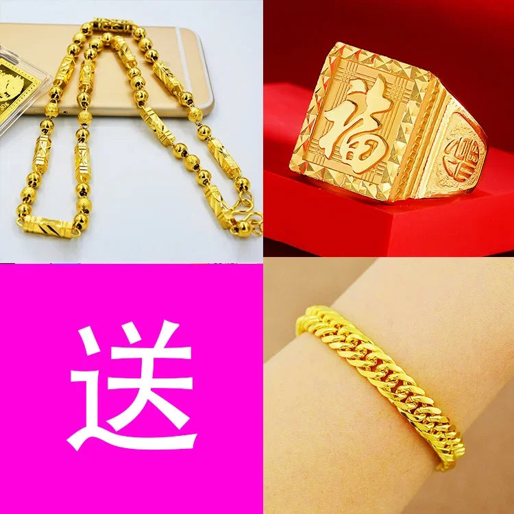 Necklace Simulation 24k Round Bead Plated Color Plated Real 999 Gold 18k Chain Props Jewelry Ring Bracelet for Women's Gifts