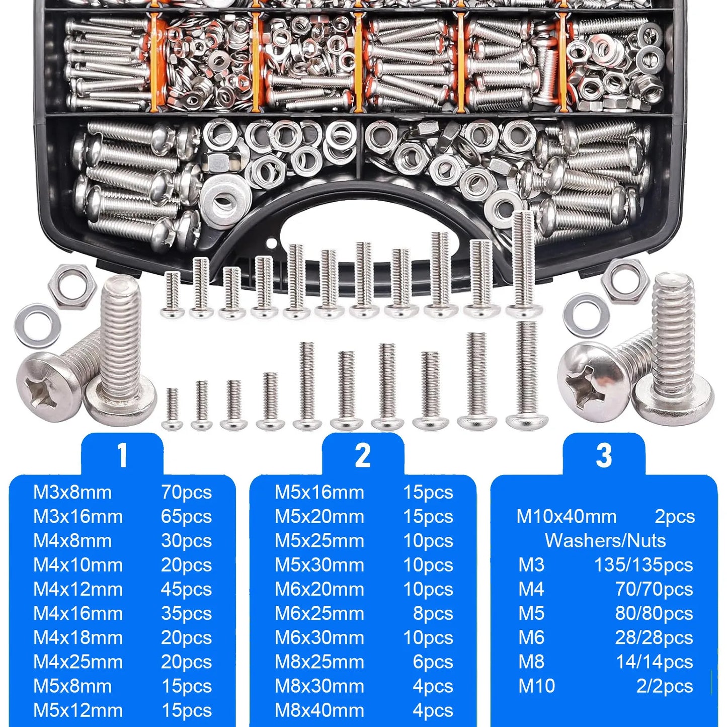 1287Pcs Nuts and Bolts Assortment Kit, Stainless Steel Bolts Machine Screws Hardware Assortment Kit, Metric Phillips Pan Head Sc