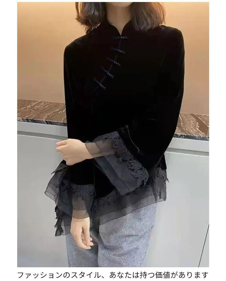 Retro Black Velvet Qipao Top New Chinese Style Stand Up Collar Button Down Bottom Shirt for Women