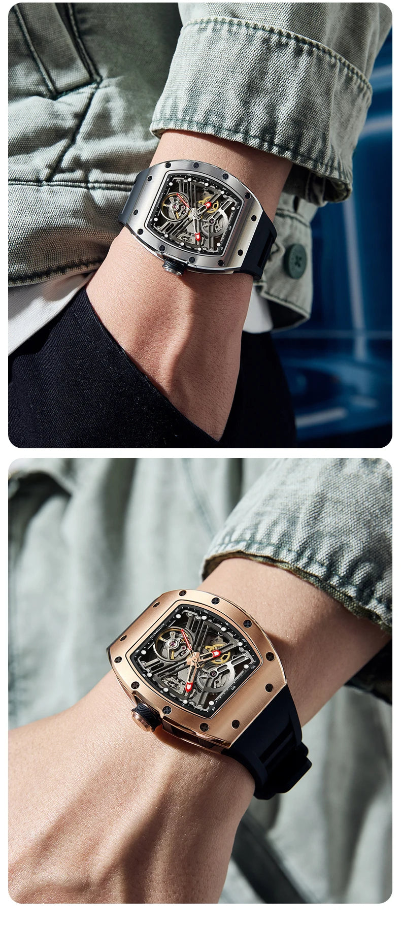 Automatic mechanical watch outdoors simple luxury watches waterproof wholesale skeleton leather mens watch gift