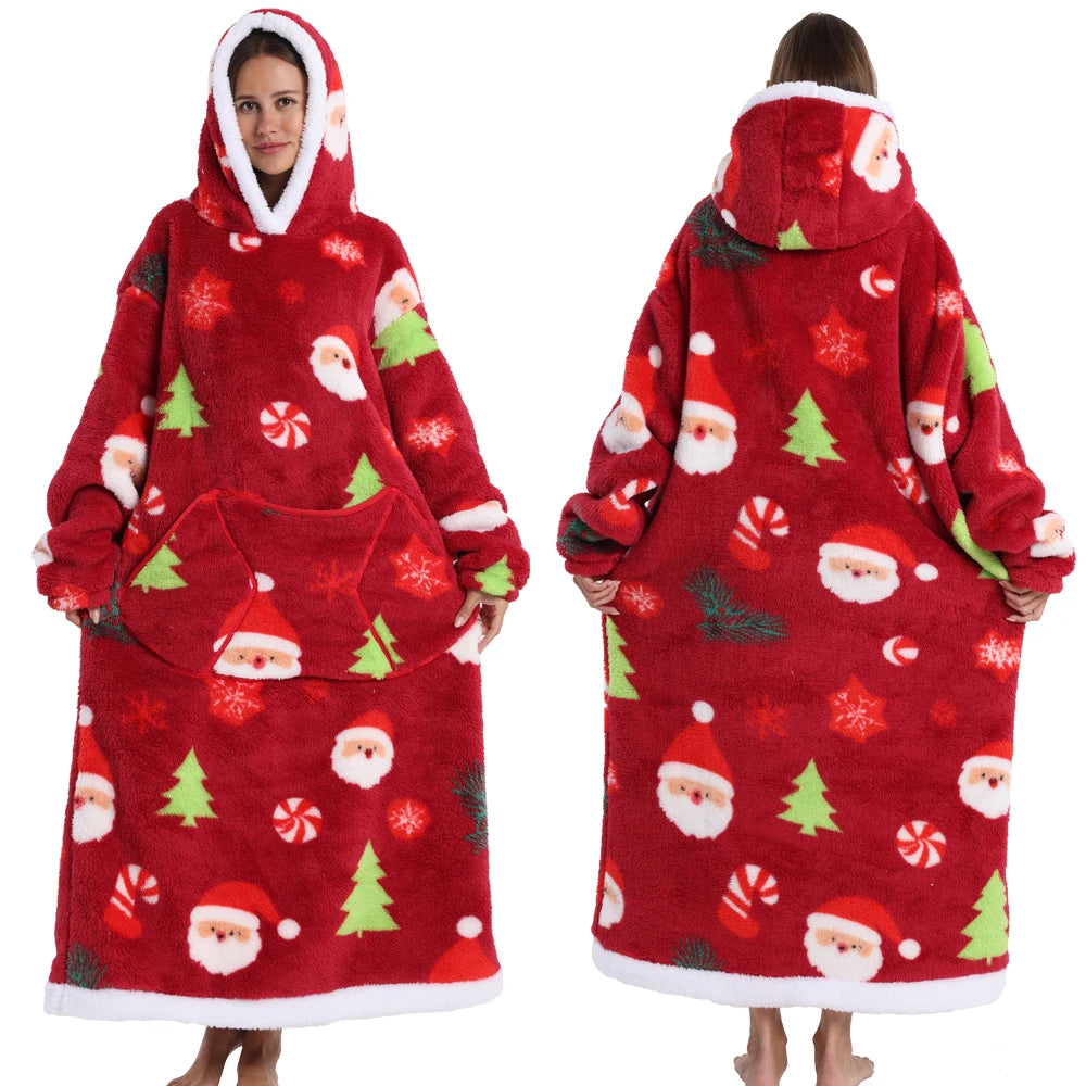 Extra Long Women Halloween Blankets with Sleeves Winter Plush Fleece Homewear Christmas Pajamas Adult Warm Oversized Hoodies