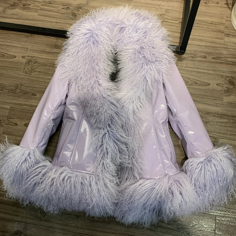 Sheep Collar Coats Women Winter Luxury Mongolian Fur Leather Jackets with Long Sleeve 7251