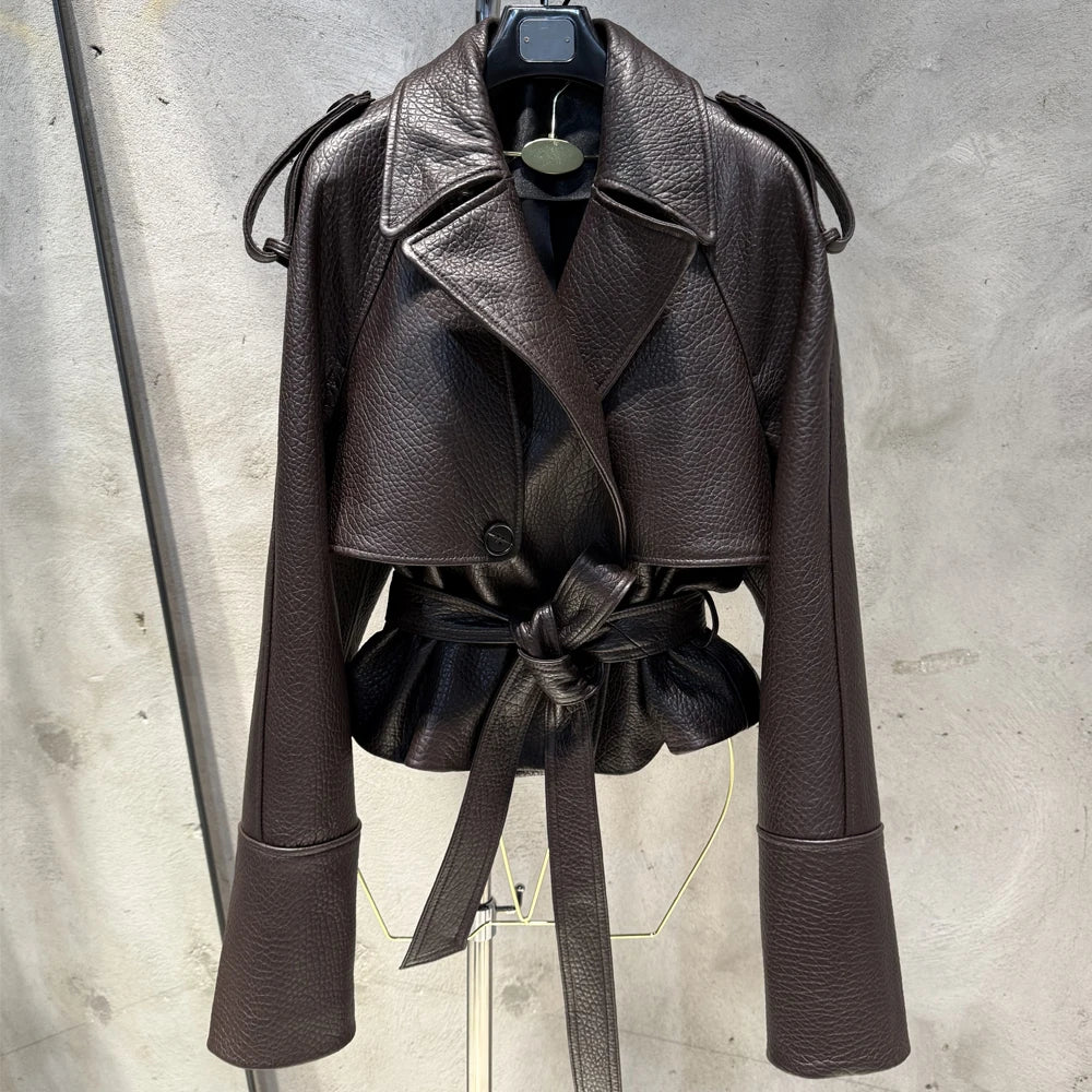 Women Casul Leather Jackets Short Windbreak Design Genuine Grained Sheep Leather Coats Lady