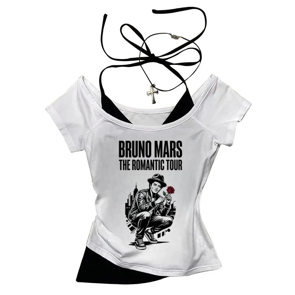 2026 Shirt  Bruno Mars The Romantic Tour Women Fake Two-piece O-Neck Short Sleeves Crop Tops T-shirt