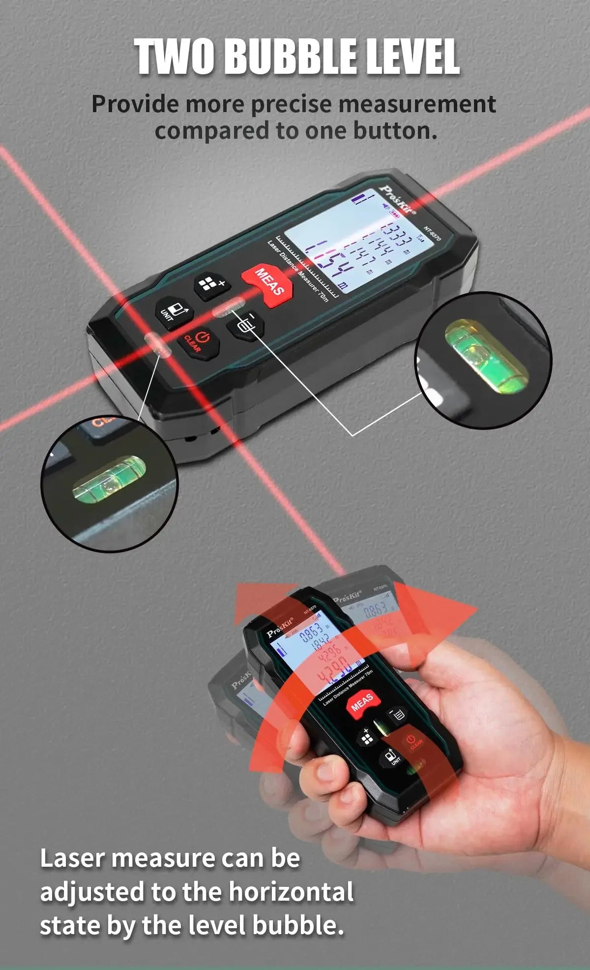 Pro'skit NT-6370 Laser Rangefinder 70M Handheld Laser Distance Meter Digital Range Finder Tape Measure 0.3 Second Flash Test