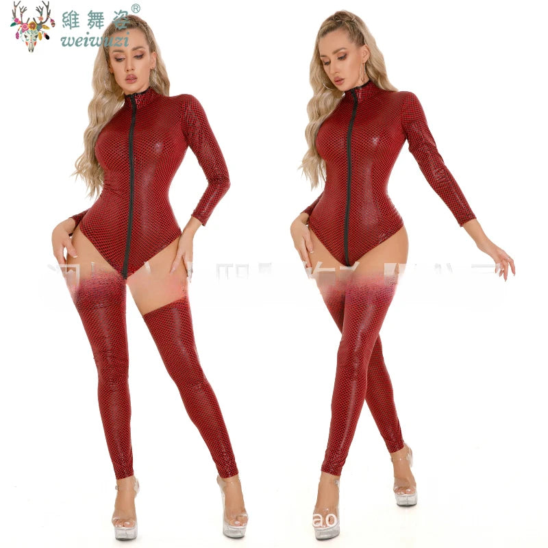 Lingerie Women Latex Leather Bodysuit with Belt Plus Size Rompers Shapewear Nightclub Outfit Cat Girl Porn Underwear