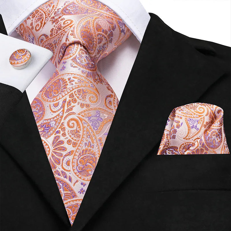 Hi-Tie Silk Men Tie Peach Pink Floral Wedding Necktie for Men Luxury Necktie Handkerchief Cufflink Fashion Design Business