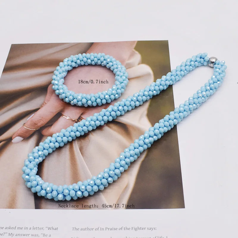 New Woven Bead Necklace Glass Beaded Bohemian Statement Necklace Bracelet Hair Accessory Set For Women Jewelry Gift