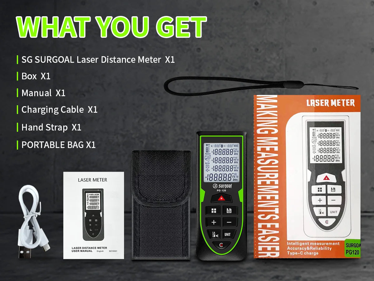 SG SURGOAL 120m Green Laser Rangefinder with Digital Level Rechargeable Laser Distance Meter Tape