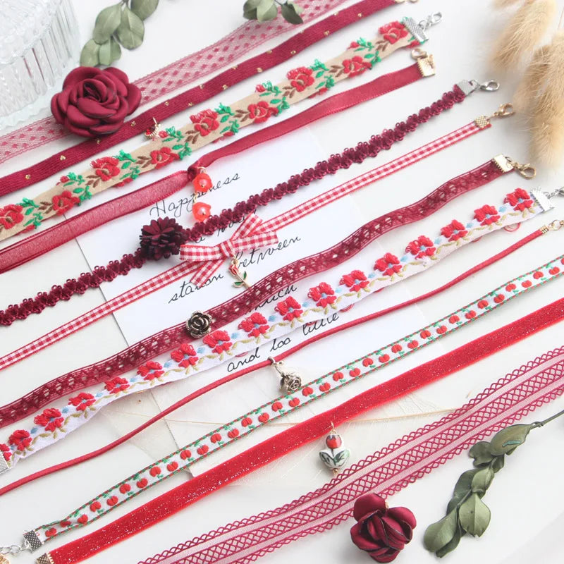 5 Pieces Sweet Pink Lace Choker Necklace Set for Women with Flower Pearl Dangle Clavicle Jewelry Accessories Gift for Girls