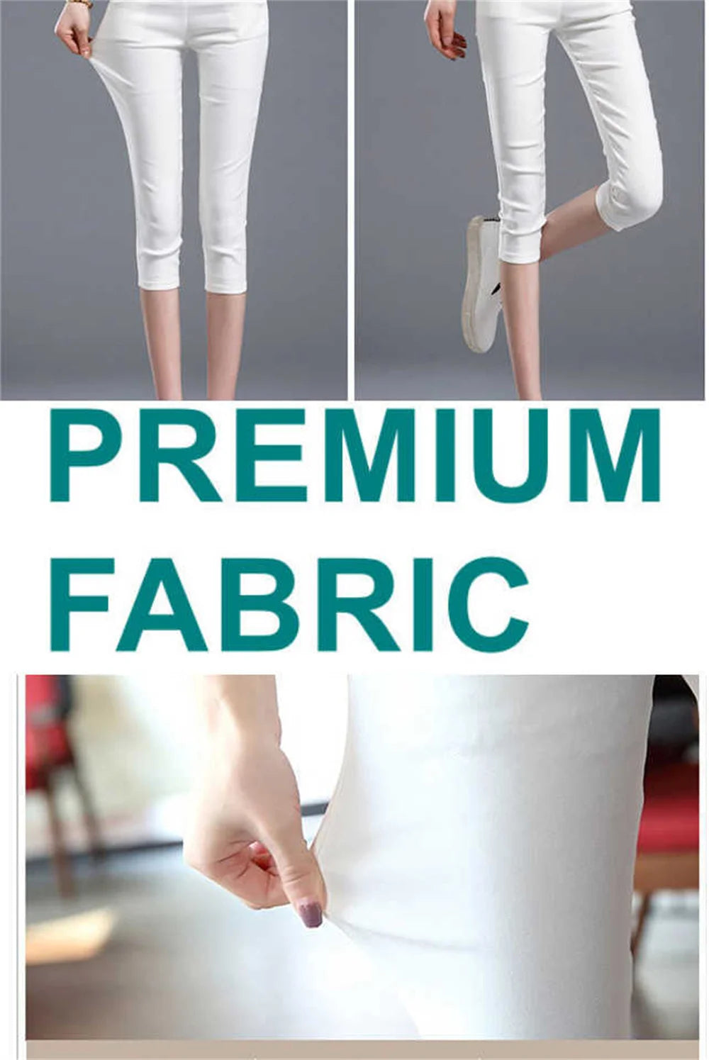 Women  Stretchy Capris Pants Elastic Waist Comfy Skinny Cropped Jeans Pants Button Front Casual Breathable