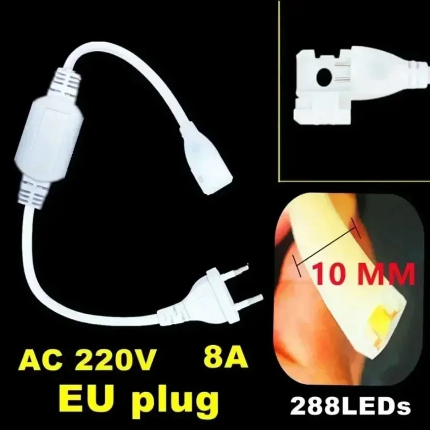 288LEDs/m COB LED Strip 220V Dimmable Power EU Plug 3000k 6000k RA90 Outdoor Garden FOB LED Tape Bedroom Kitchen Lighting