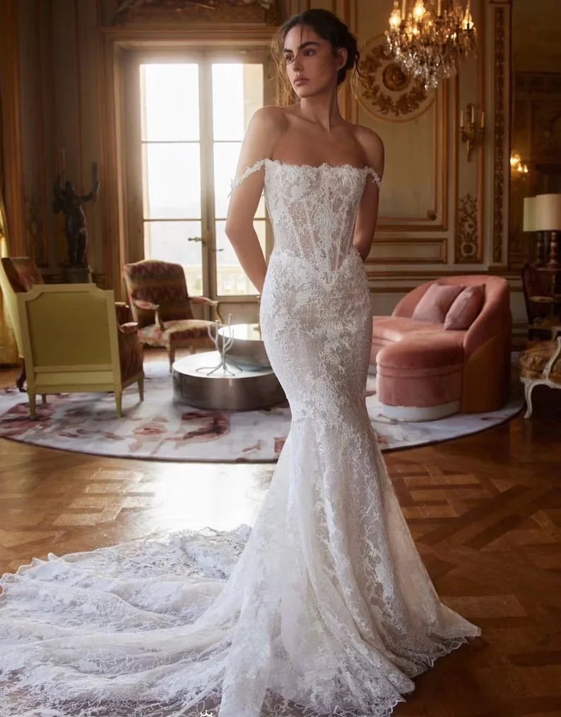 Customized Luxury Fishtail Dress Elegant Church Train Wedding Dress Off Shoulder Wedding Dress Lace Wedding Dress