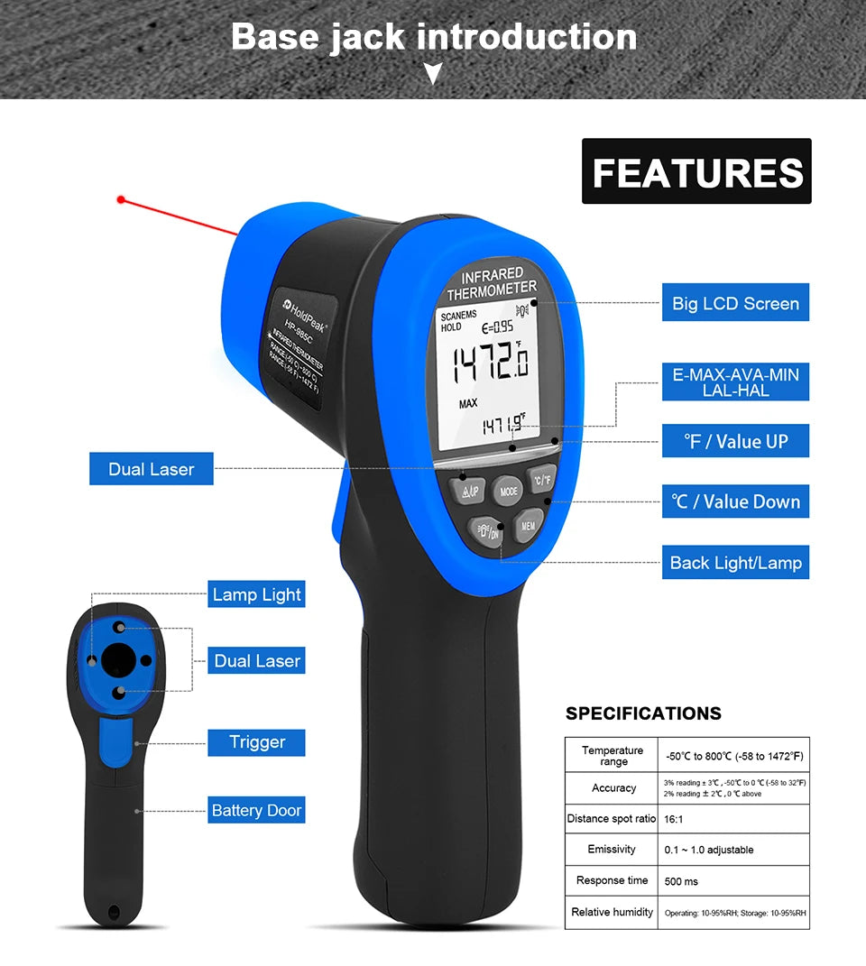 Infrared Thermometer Non-Contact Digital Laser Temperature Gun with -50°C~800°C, Adjustable Emissivity for Cooking/BBQ/Freezer
