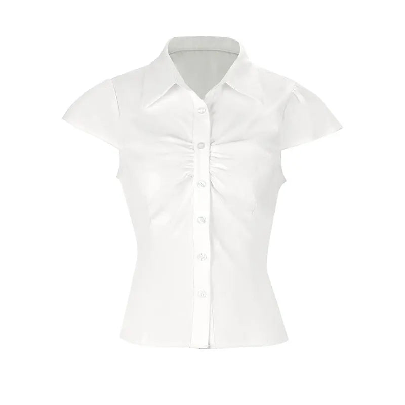 Summer Women Blouses T-shirt Streetwear New Fashion Button Turn-down Collar Casual Slim Tees Top Elegant Lady Versatile Clothing
