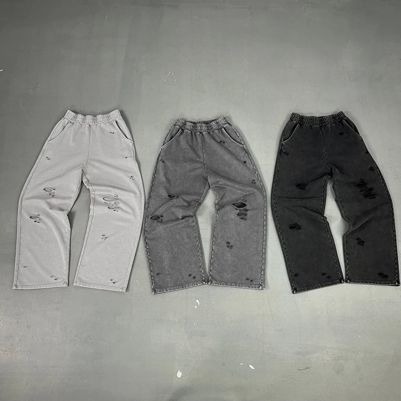 2025 Autumn/Winter Acid Wash Sweat Pants Athletic Joggers Hip Hop Raw Edges Cut Crush Distressed Frayed Wide Leg Sweatpants