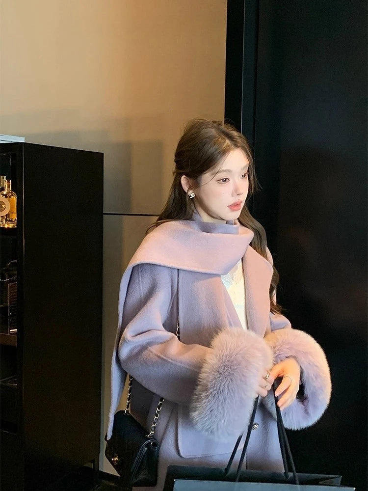 Elegant Wool Coat Warm Women Double Faced Luxury Real Fox Fur Sleeves 100 Wool Scarf Autumn Winter 2025 New Fashion Trench Coat