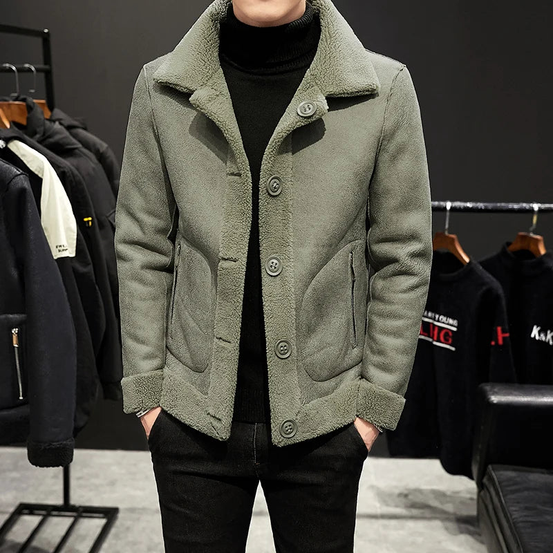 Winter Men's Warm Double sided Jackets Granular Wool Fashion Turn Down Collar Casual Outwear Coats Men Fleece Jacket Plus Size