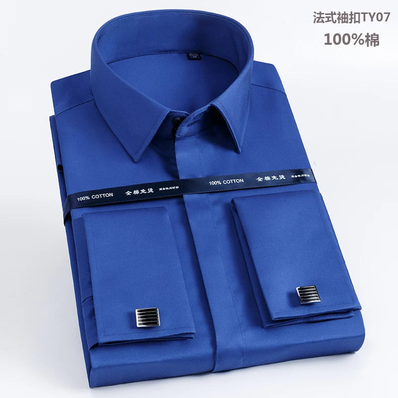 Men's French cufflinks shirt made of pure cotton long sleeved slim fit concealed button, solid color high end wedding dre