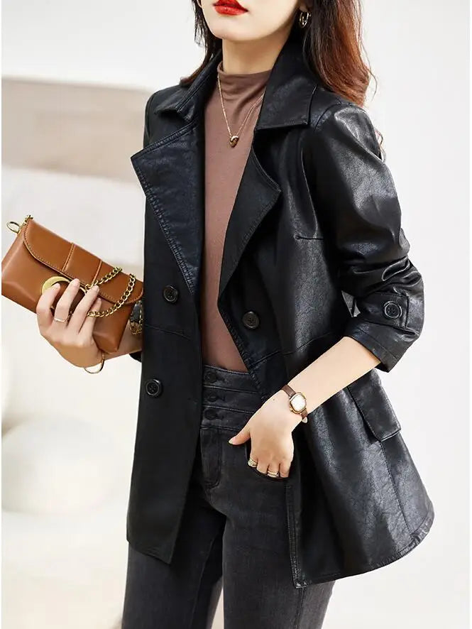 Turn-down Collar Genuine Leather Jacket Women Korean Fashion Slim Sheepskin Coat Black Real Leather jackets ladies Casual Blazer