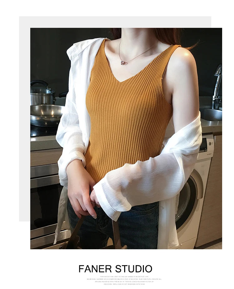 Summer Casual Tank Top Women Sleeveless Knitted T-Shirts Female Elastic Slim Vests Crop Tops Tanks & Camis Pullover Shirts