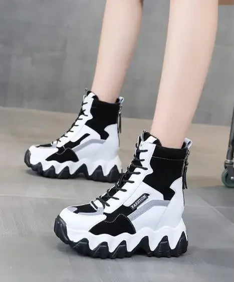 2025 Women Thick Sole Ankle Boots Autumn Luxury Platform Casual Boots Women's 8cm High Heels Wedge Boots Shoes Woman Sneakers