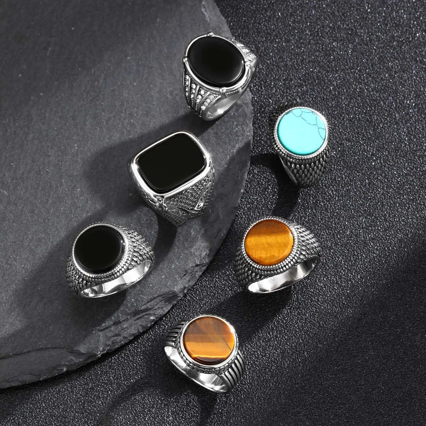 Geometric Turquoise Tiger Eyes Natural Stone Ring for Men, Chunky Stainless Steel Signet Rings, Fashion Punk Finger Jewelry Gift
