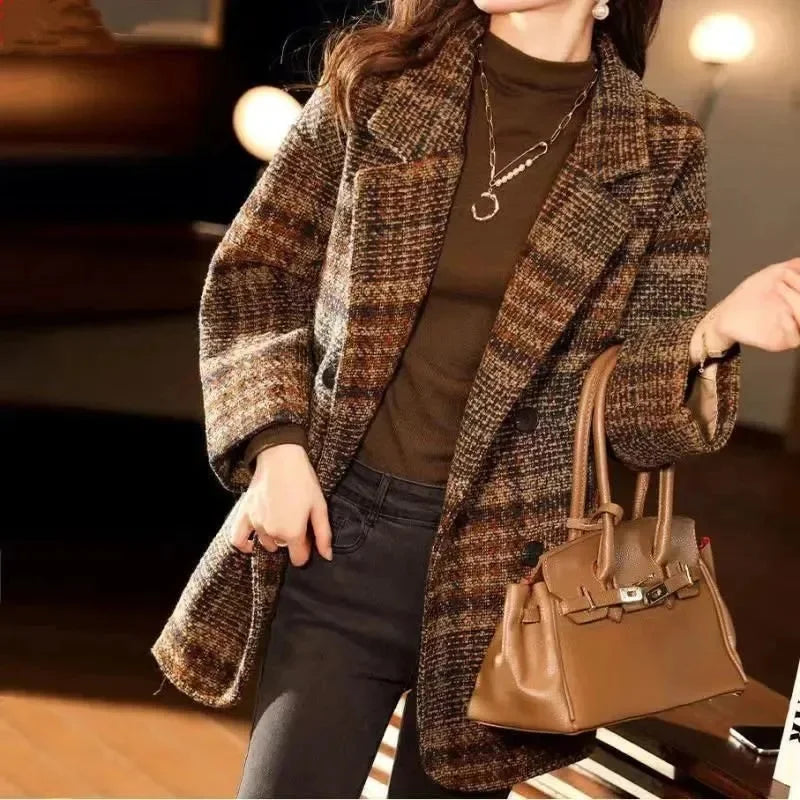 Plaid Suit Woolen Coat Women Autumn Winter New Korean Fashion Loose Woolen Coat Mid-Length Wool Blazer Overcoat Woman Jacket