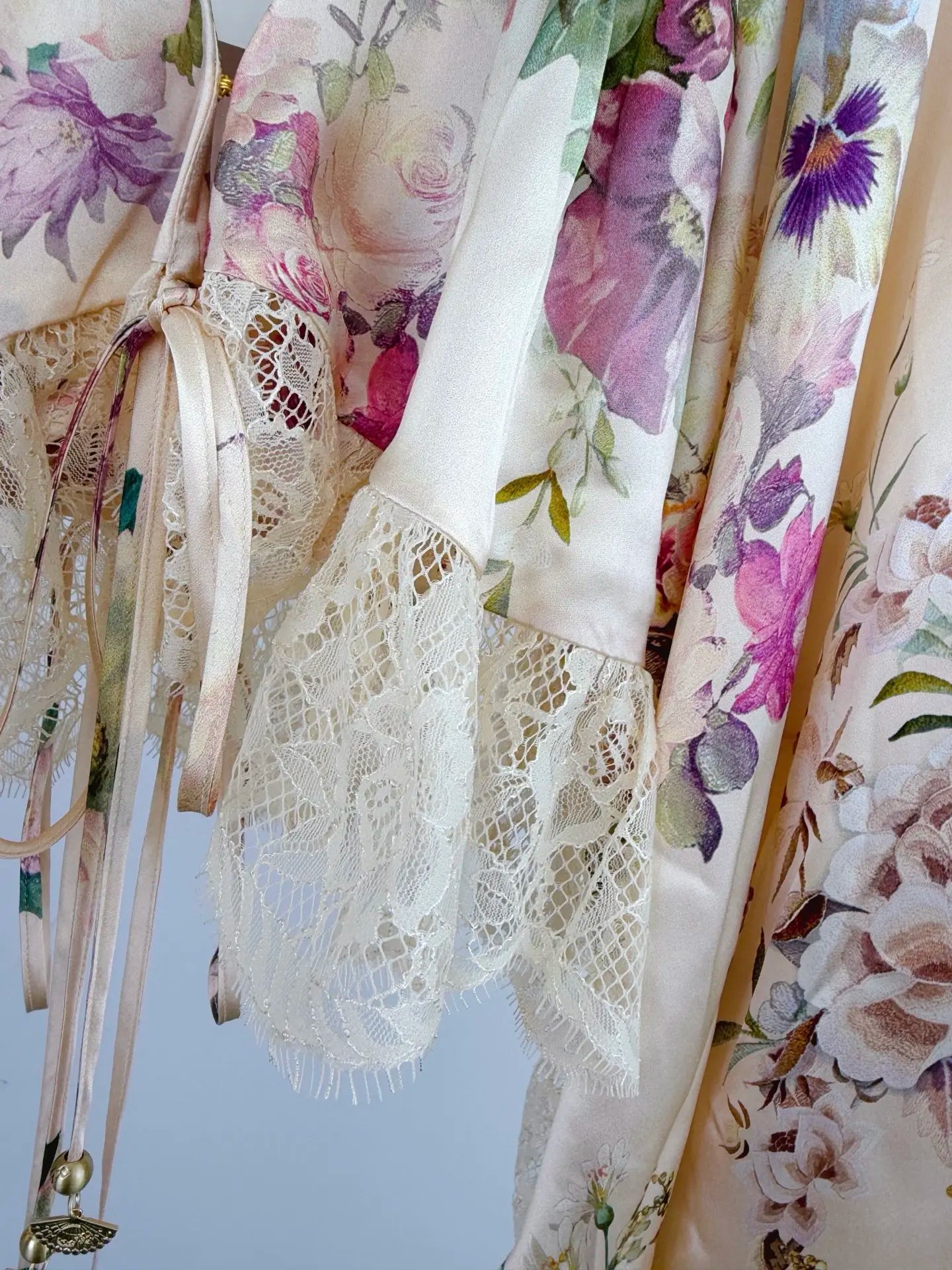 Women Silk Flower Printed Long Dress Heavy Beaded V-Neck Lantern Sleeve Loose Female dress
