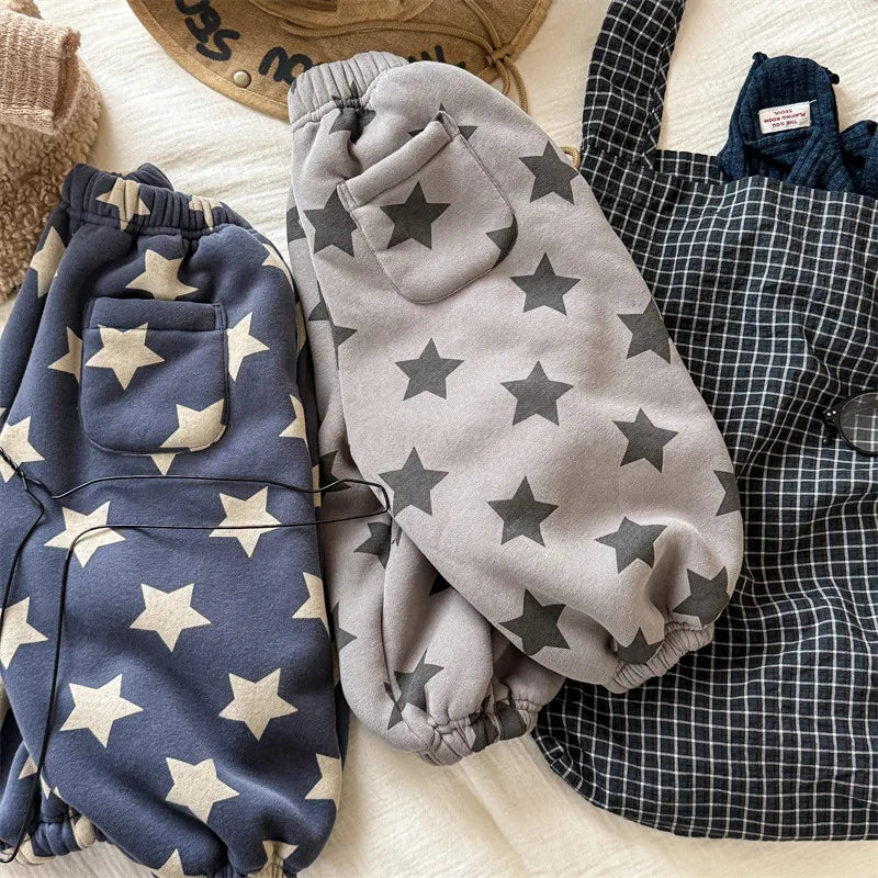 2025 Winter New Children Plus Velvet Thick Casual Pants Fashion Print Boys Fleece Sweat Pants Girls Warm Trousers Kids Clothes