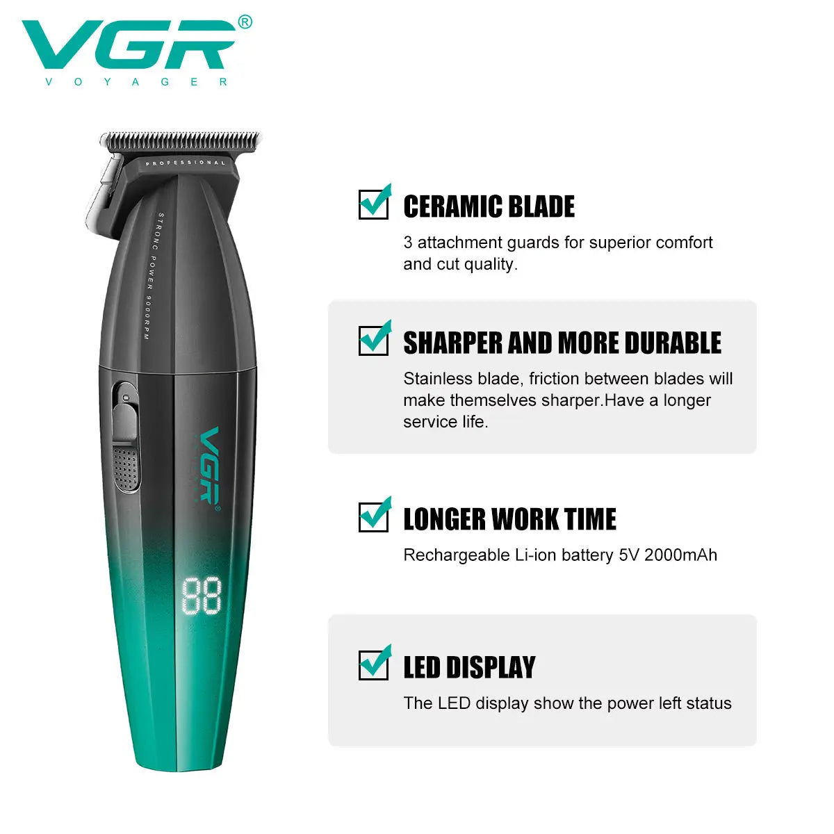 VGR V-906 Hair Salon Home Hair Trimmer Gradient Metal Body Hair Clipper Hair Carving LED Intelligent Digital Display Electric Pu