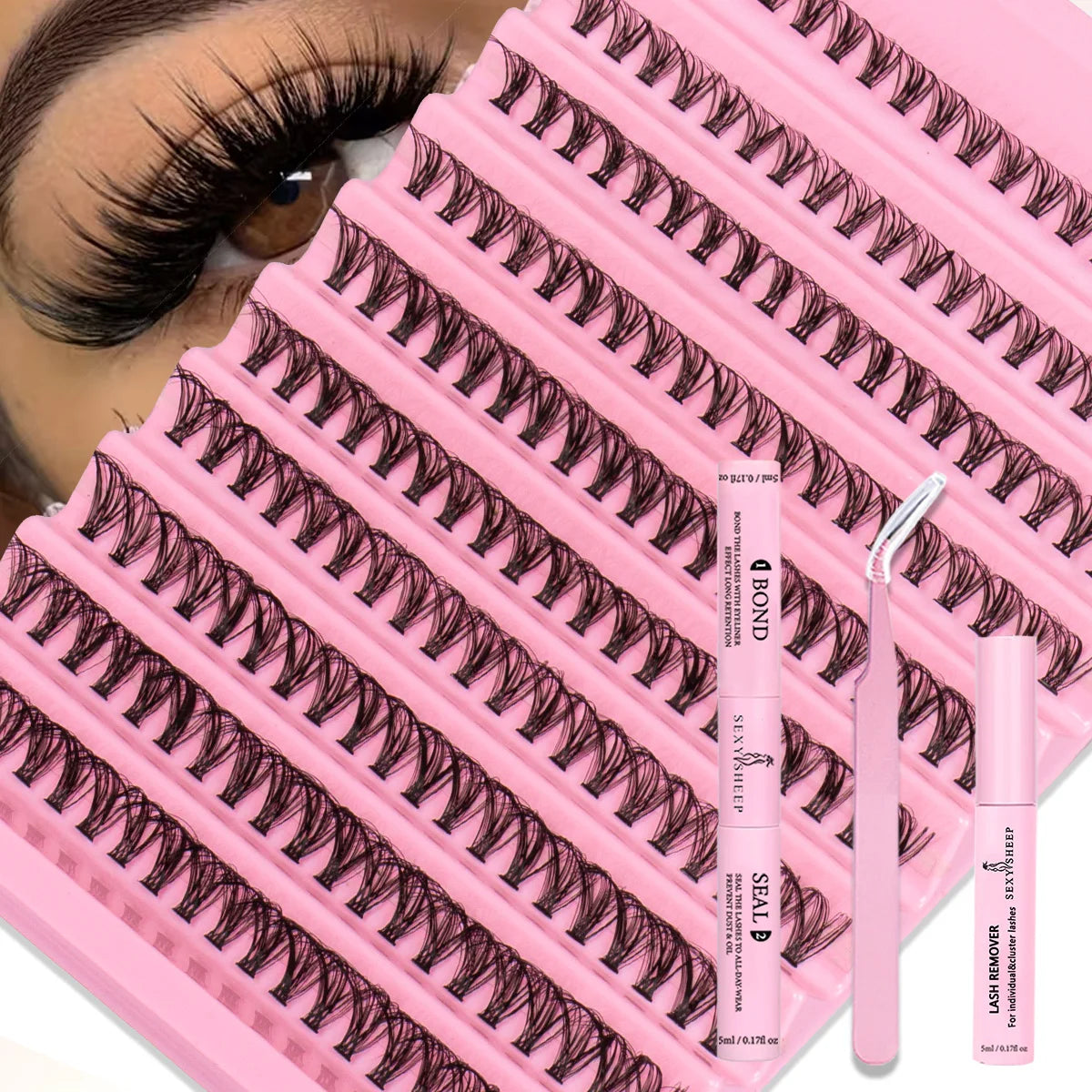DIY Eyelash Extension Kit Soft Natural Look Wispy Kit with Bond & Seal Tweezers Reusable Cluster Lashes D Curl Individual Lash