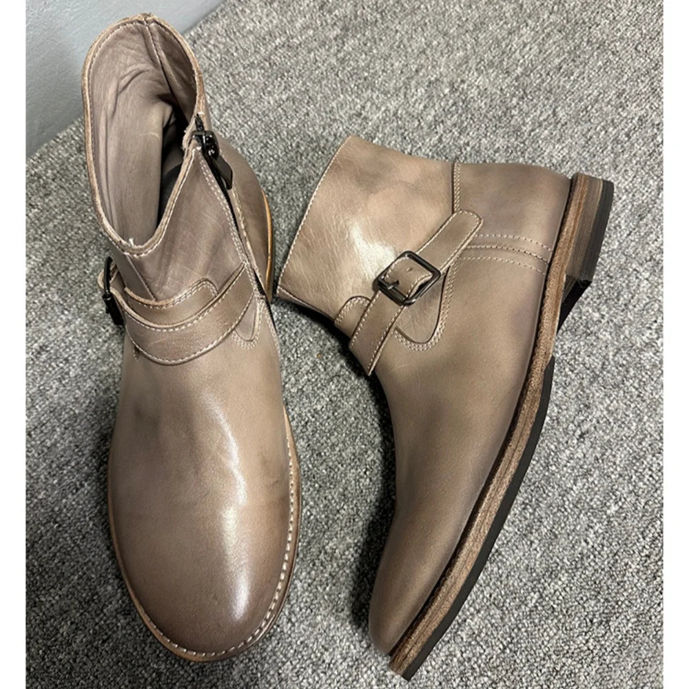 Handmade horsehide casual ankle boots Chelsea boots for men genuine leather sole adjustable strap decoration zip business style