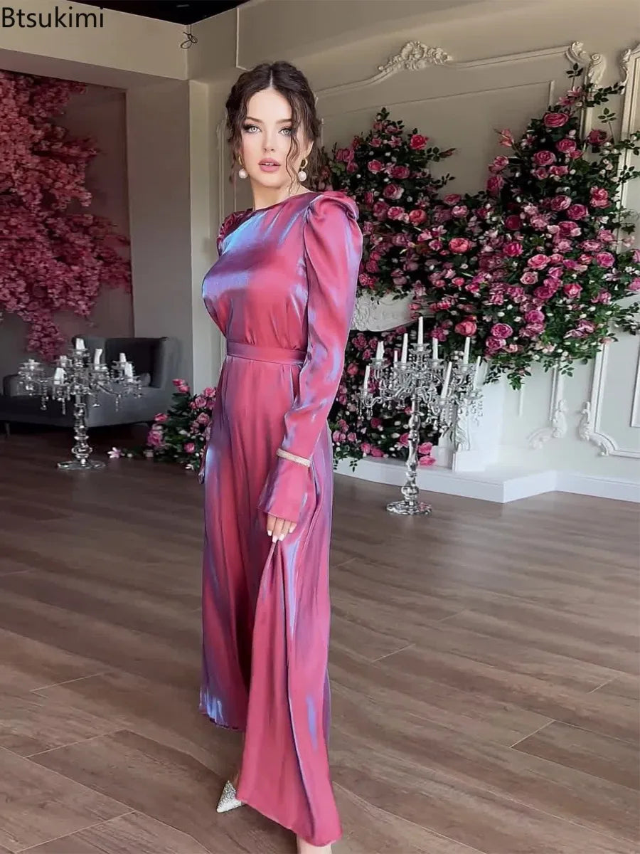 Eid Muslim Silky Satin Dress for Women Abaya Morocco Party Dresses Ramadan Lace-up Kaftan Saudi Islam Elegant Vestidos Long Robe