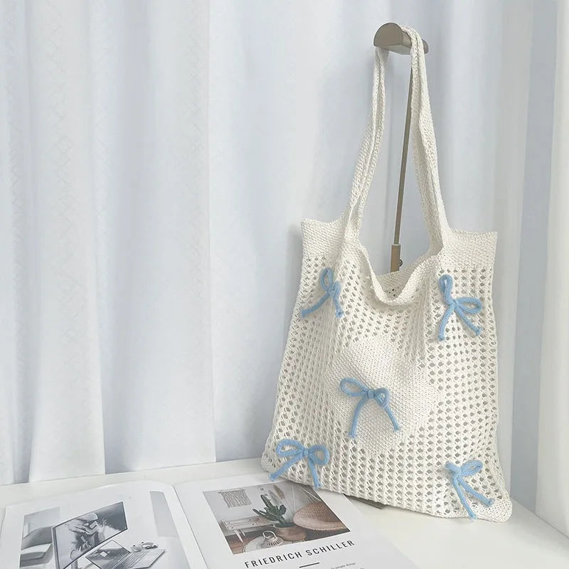 Ladies Beach Bags Vintage Hollow Bow Design Woven Shoulder Handbag Knitting Large Capacity Handbags Summer Travel Shopper Tote