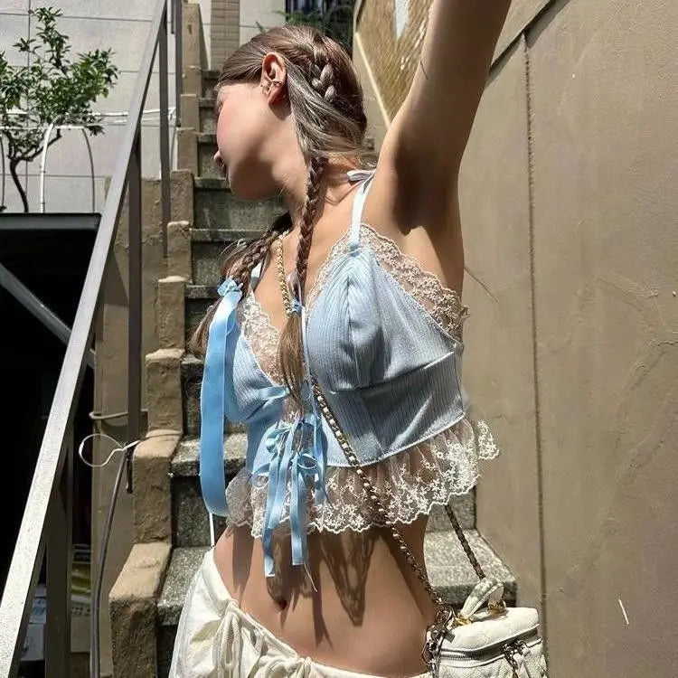 Women Summer Lace Trim Tops Blue Ribbed Bow Tie Backless Spaghetti Strap Crop Top Cute Sweet Girl Sleeveless suspenders 2025 New