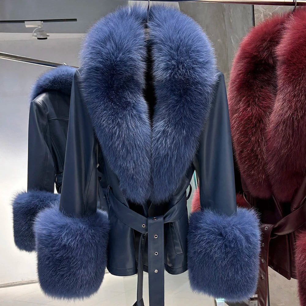 YOLOAgain Real Fox Fur Collar Genuine Leather Jacket Women