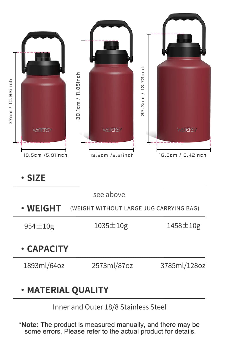 WATERSY 64/87/128oz Insulated Water Bottle Keep Cold for 48H 2L Large Stainless Steel Thermos with Handle for Gym Hiking Camping